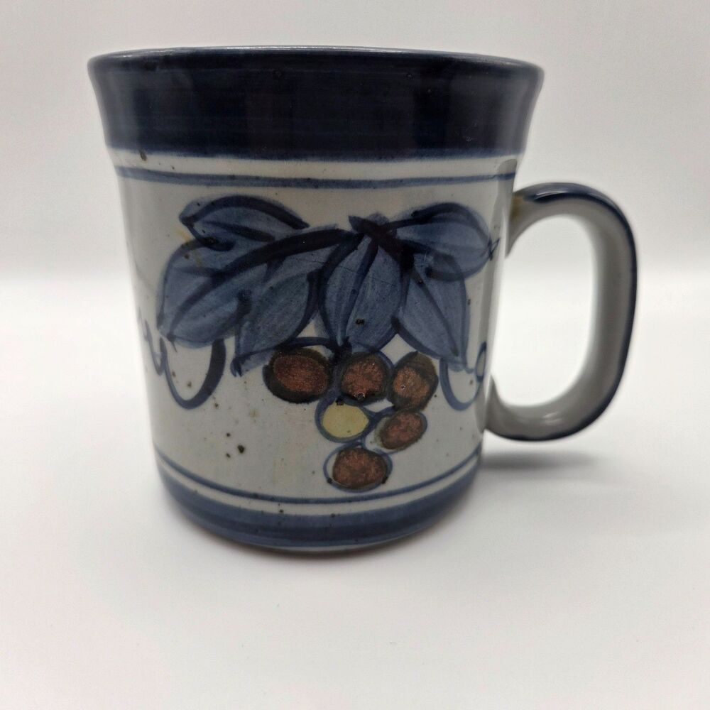 Berry & Leaf Painted Blue Stoneware Pottery Mug